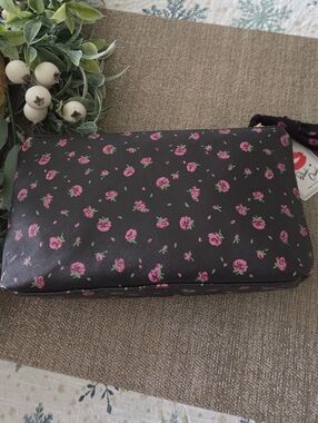 Black Floral Cosmetic Pouch with Pink Rose Print